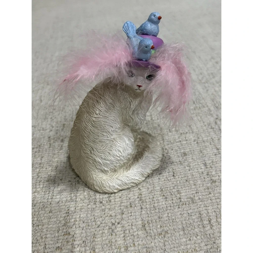 Vintage Decorative Cat Figurines Pair with Floral & Bird Hats